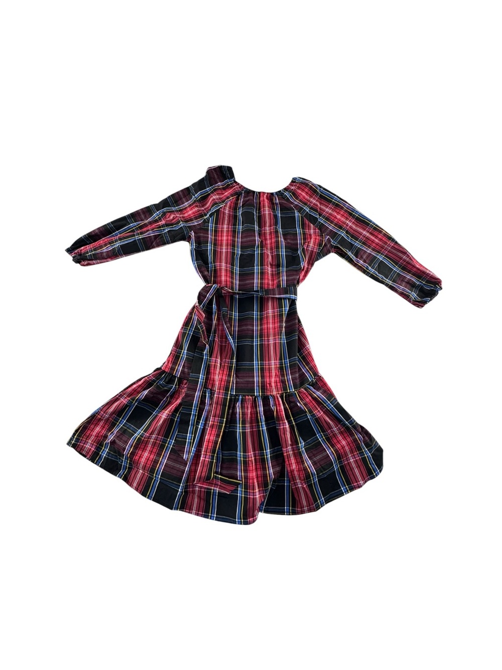 Draper James Red Plaid Long-Sleeve Tiered Dress with Waist Tie